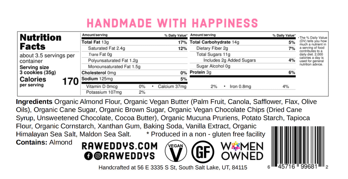 Nutrition label and ingredients list for a product with 'Handmade with Happiness' text above.